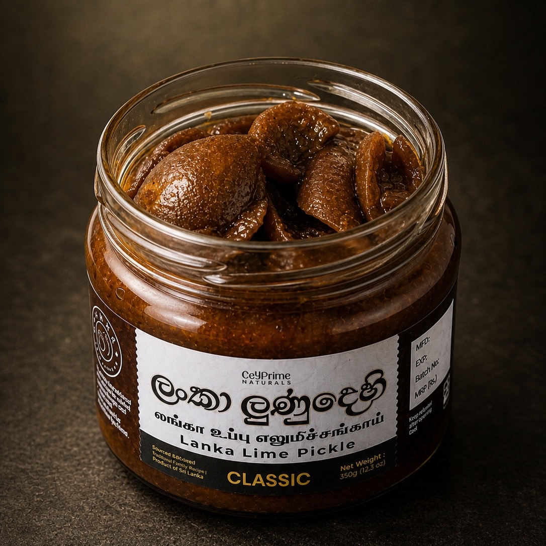 Open jar of Classic Lanka lime pickle showing the lime pickle inside