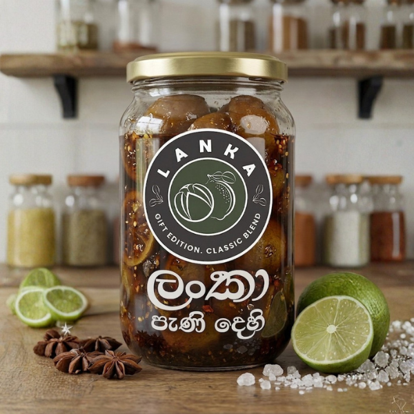 Sweet Lanka lime pickle (pani dehi) in a glass jar with gold lid, amber syrup, fresh lime, star anise, and salt on wood