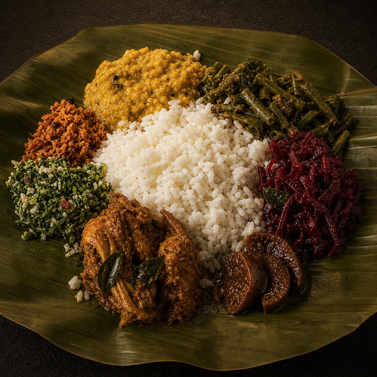 Traditional Sri Lankan rice and curry meal on a banana leaf, served alongside Lanka lime pickle